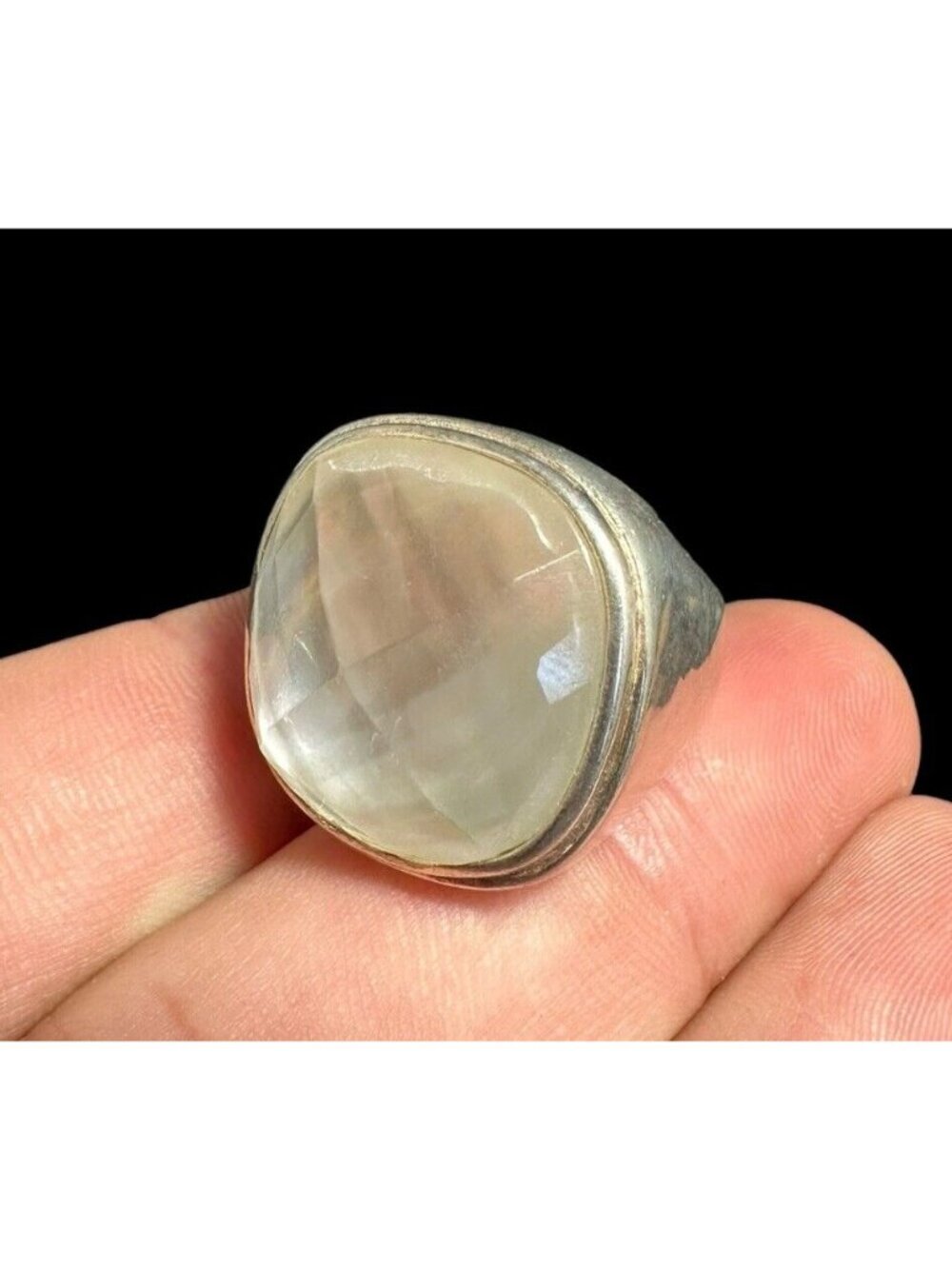 925 FAS Faceted Quartz Mother of Pearl Dome Cocktail Wide Ring Size 8.25